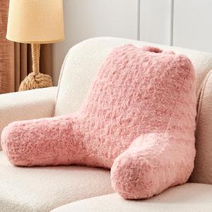 Reading Pillow, Rose Velvet Back Pillow with Arms for Bed Sitting Up, Bed Pillow for Adult Children, Backrest Pillows with Washable Cover, Chair Pillow for Watching TV/Gaming/Relaxing (Pink)