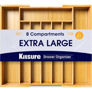 Kitsure Large Bamboo Silverware Organizer - Expandable Drawer Organizer for Utensil, Cutlery and Flatware, Kitchen Storage Solution with 6 to 8 Slots, Natural, 19.4"  13.1"  1.8"