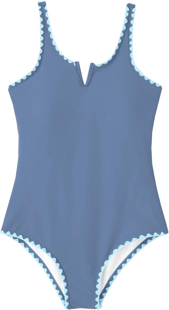 AMAWMW Girls Swimsuit One Piece Swimsuits Contrast Color V-Neck Bathing Suit Adjustable Straps Girls' Swimwear Blue 9-10Y
