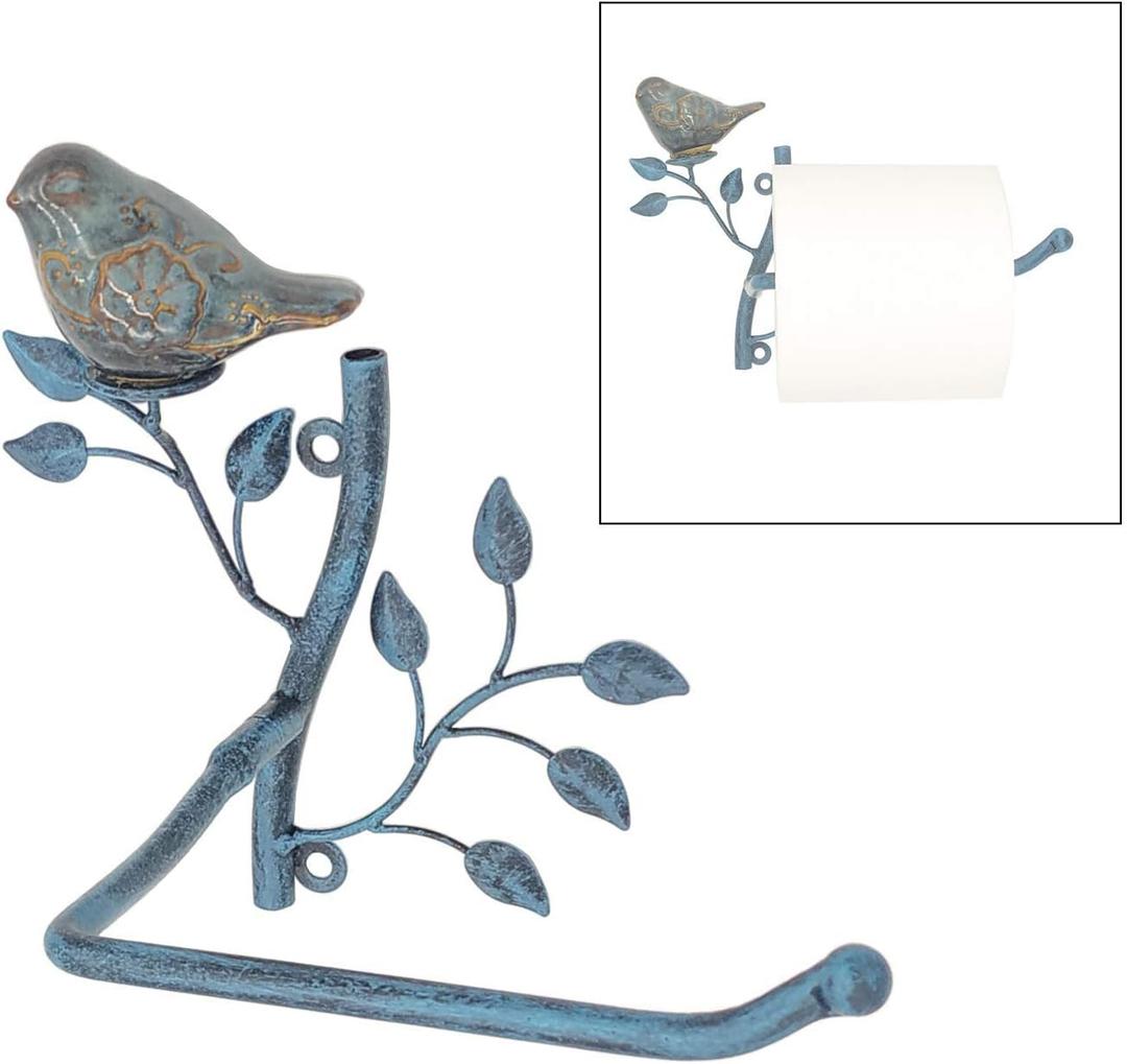 Owlgift Wall Mounted Metal Toilet Tissue Holder w/Ceramic Bird, Roll Organizer for Bathroom - Turquoise (One Size)