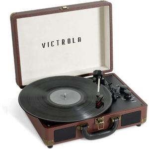 Victrola Journey Bluetooth Portable Suitcase Record Player – with Built-in Speakers, 3 Speed Vinyl Record Player, RCA Out, Headphone Jack, Dark Brown