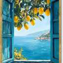 Mediterranean Window View Poster Coastal Wall Art Seaside Wall Decor Lemon Tree Canvas Print For Living Room Bedroom Office 12x16inch Golden frame