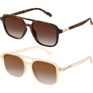 2 x Retro Aviator Sunglasses for Women Men Polarized Vintage Trendy 70s Rectangle Men's Women's Shades Sun Glasses UV400 Protection (LeopardBrown+LotusTea,54mm)