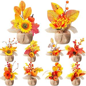 Giegxin 10 Pcs Thanksgiving Fall Halloween Artificial Potted Flowers Fall Decor Fake Potted Plants with Pumpkin, Sunflower, Maple Leaf, Pine Cone for Autumn Harvest Decor, Table Centerpiece(Burlap)