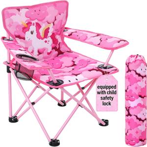 Huskfirm Padded Kids Camping Chair Folding Toddler Chair with Cup Holder & Safety Lock Portable Kids Beach Chair Ages 3-6 for Outdoor Camping Foldable Kids Chair Support 120lbs,Pink Unicorn