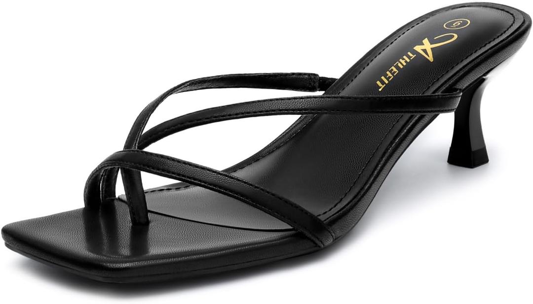 Athlefit Women's Strappy Kitten Heels Flip Flops Square Open Toe Low Heels Fashion Party Dress Thong Heeled Sandals (Size 8, Black)