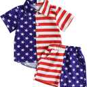 Kuriozud Toddler Baby Boy 4th July/Halloween/Christmas Outfits Button Down Shirt+ Short Pants Set Festivel Clothes (5-6 Years, 4th of July Outfits Classics Usa Flag)