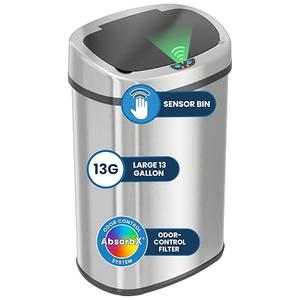 iTouchless 13 Gallon Oval Touchless Sensor Trash Can with Odor Filter, Fingerprint-Proof Stainless Steel, 50L Automatic Kitchen Garbage Bin, Smart Hands-Free Motion Lid, Quiet Soft-Close