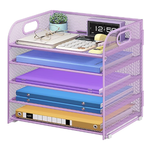 5 Tier Paper Organizer with Handle, Metal Mesh Desk Organizer File Folder Paper Letter Tray Desktop Document Sorter for Classroom, School, Office Accessories Organization and Storage - Purple