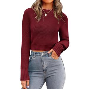 Zeagoo Women's 2026 Fall Crewneck Cropped Sweater Trendy Long Sleeve Ribbed Knit Pullover Jumper Tops (Large, Wine Red)