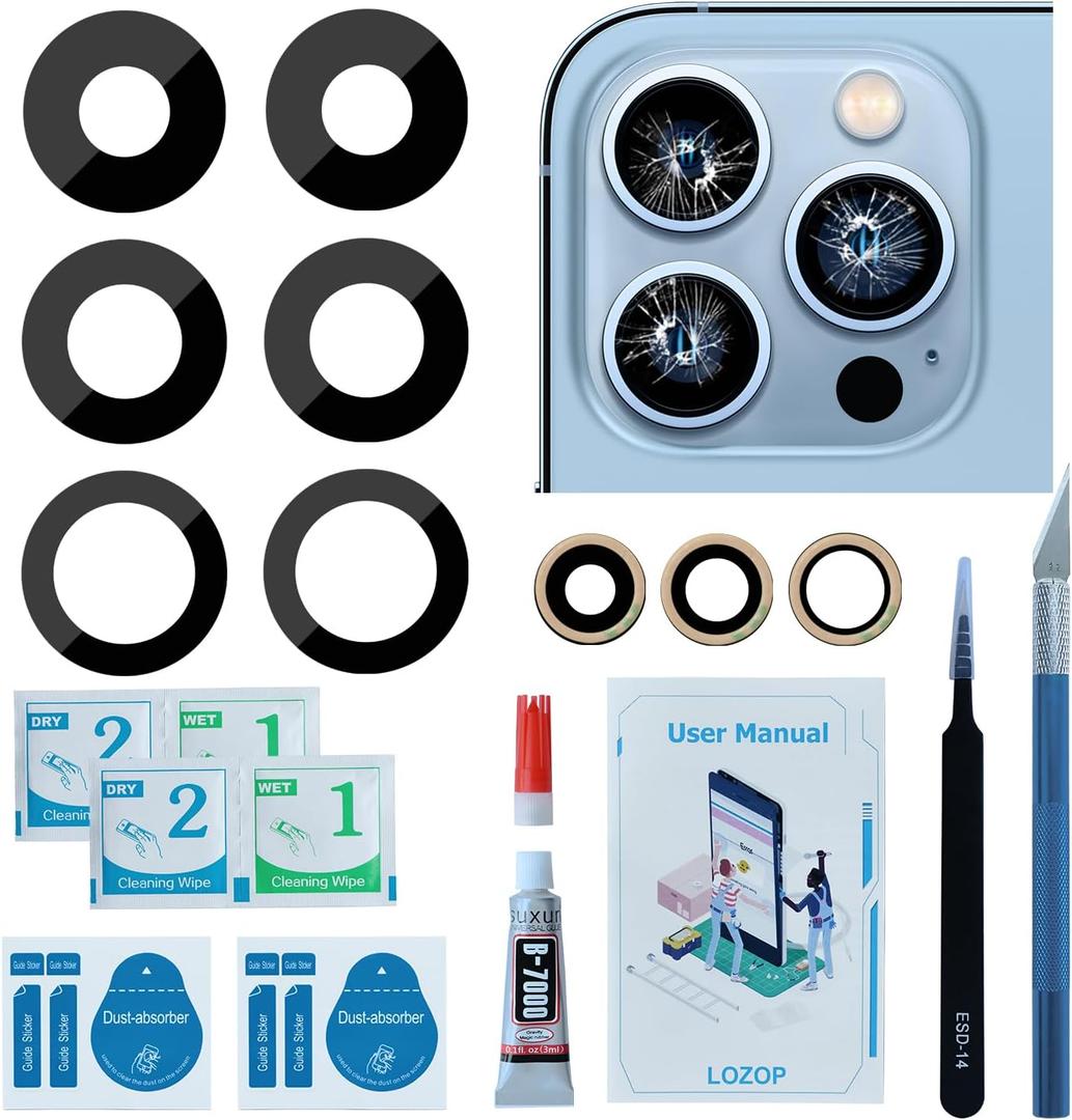 LOZOP 2 Sets Rear Camera Lens Glass Replacement with Adhesive Pre-Installed Compatible for iPhone 13 Pro / 13 Pro Max (3 Pieces/Set) with Repair Tools and Installation Manual