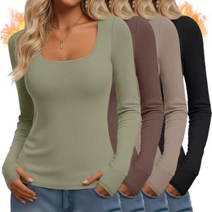 Velvelhall 4 Pack Women's Thermal Long Sleeve Shirts Fleece Scoop Neck Tops Slim Fit Undershirt Basic Layer with Thumb Holes(Mint Green, Mocha, Light Khaki, Black, XX-Large)