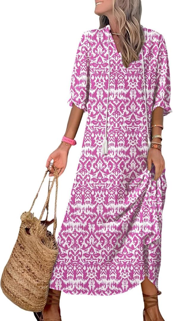 Dokotoo Women Boho Summer Dress 2024 Frill Short Sleeve Tassel V Neck Ruffle Flowy A-Line Maxi Dresses (M)