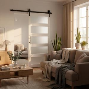 30"x84" Barn Door with Hardware Included, Sliding Glass Barn Door Bathroom Frosted Glass Barn Door 5 Panel with 5 FT Track, Closet Barn Door with Pre-drilled Holes, Need Assembly for Bedroom Kitchen