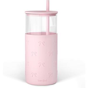 SANDJEST Glass Tumbler with Straw and Lid, Bow Glass Water Bottle with Silicone Sleeve 20oz, Smoothie, Iced Coffee Cup, Gifts for Women Teen Girls Birthday Christmas