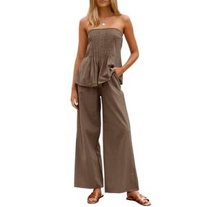 Tankaneo Womens 2 Piece Outfits Summer Strapless Tube Tops Wide Leg Pants Cotton Vacation Pleated Matching Lounge Set, Size M