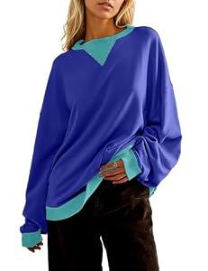 Sujama Oversized Color Block Sweatshirts Women Round Neck Pullover 2025 Cute Y2k Long Sleeve Fall Tops Dark Blue, Medium