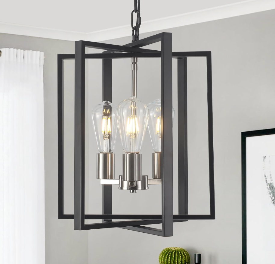 Modern Farmhouse Chandelier for Dining Room, 3 Light Black and Nickel Entryway Light Fixture Adjustable Pendant Lights Kitchen Island Rustic Hanging Chandelier for Foyer Living Room Hallway Bedroom