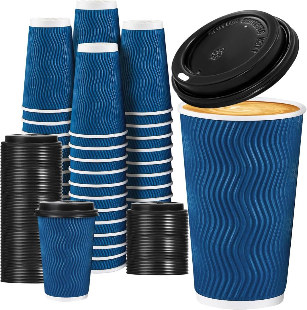 Lamosi 16 OZ Disposable Coffee Cups with Lids 50 Pack, Paper Insulated Corrugated Ripple Wall Cup for Hot Beverages (Blue)