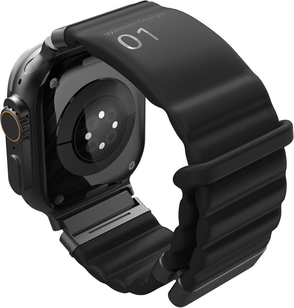 Energy Link Compatible with Apple Watch Band 42mm 44mm 45mm 49mm for Women Man, Band Charging, Silicone material, Outdoor Waterproof (Black+Black metallic)