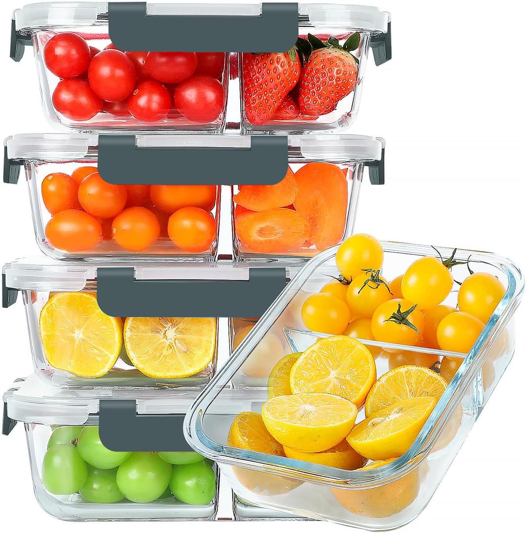 30 oz 5 Pack Glass Meal Prep Containers 2 Compartments, Glass Food Storage Containers with Lids, Airtight Lunch Box, Microwave, Oven and Freezer Safe