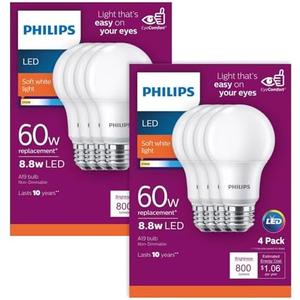 PHILIPS LED Frosted Non-Dimmable A19 Light Bulb - Pack of 4 - EyeComfort Flicker Free - 8.8W = 60W - 800 Lumen - Soft White (2700K) - E26 Base - Indoor - Title 20