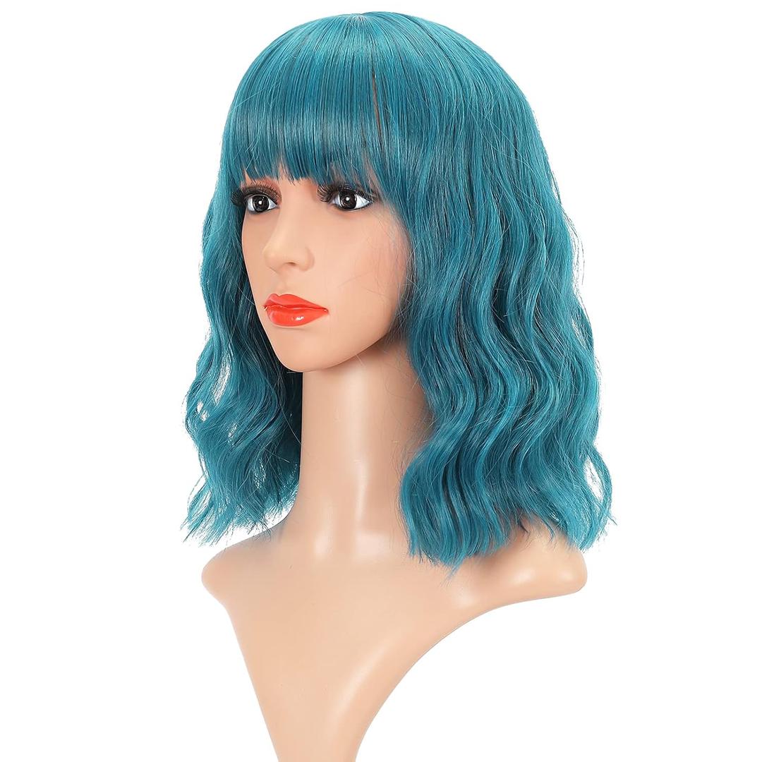 FAELBATY Blue Wig Short Bob Wigs With Bangs Shoulder Length Wig For Women Curly Wavy Synthetic Cosplay Wig for Girl Costume Wigs (12" blue color)