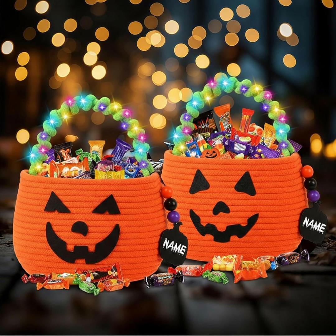 Zopeal 2 Pack Halloween Pumpkin Basket Trick or Treat Basket with LED String Lights & wooden ornaments Boo Spooky Small bags Jack O Lantern Bags for Girls Boys Kids Party Favor (Orange)