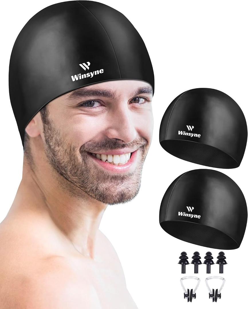 2 Pack Silicone Swim Cap for Men Women, Unisex Adult Swimming Caps for Short/Long Hair to Keep Hair Dry, Waterproof Bathing Caps for Swimming with Ear Plugs & Nose Clip Set