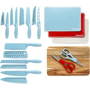 Country Living 20-Piece Kitchen Knife Quality Stainless-Steel Blades with Guards, Complete Set includes Knives, Shears, Acacia Cutting Board and Flexible Chopping Mats, Blue