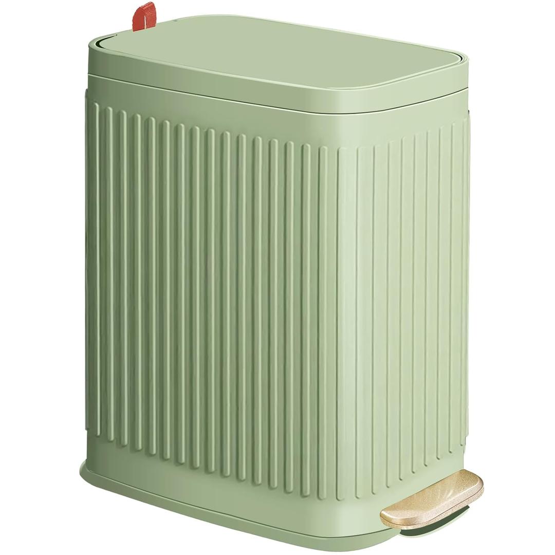 Slim Trash Can for Bathroom with Air Freshener Soft Close Lid, 6 Liter/ 1.6 Gallon Stainless Steel Garbage Can with Removable Inner Bucket,Step Pedal, Small Wastebasket for Bedroom, Kitchen (GREEN)