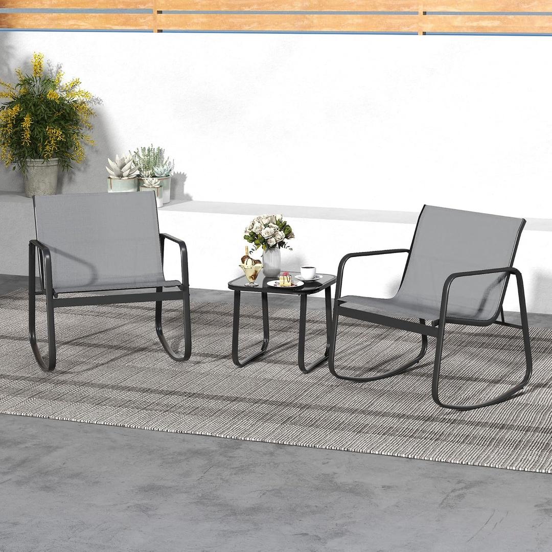 DWVO 3 Piece Patio Furniture Set Outdoor Textilene Bistro Set Modern Porch Furniture Patio Chairs Set of 2 with Coffee Table for Backyard, Lawn, Garden, Balcony, Poolside - Grey