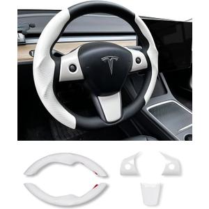 Uxcer Carbon Fiber Steering Wheel Cover & ABS Wrap Kit for Tesla Model 3 / Y Accessories White