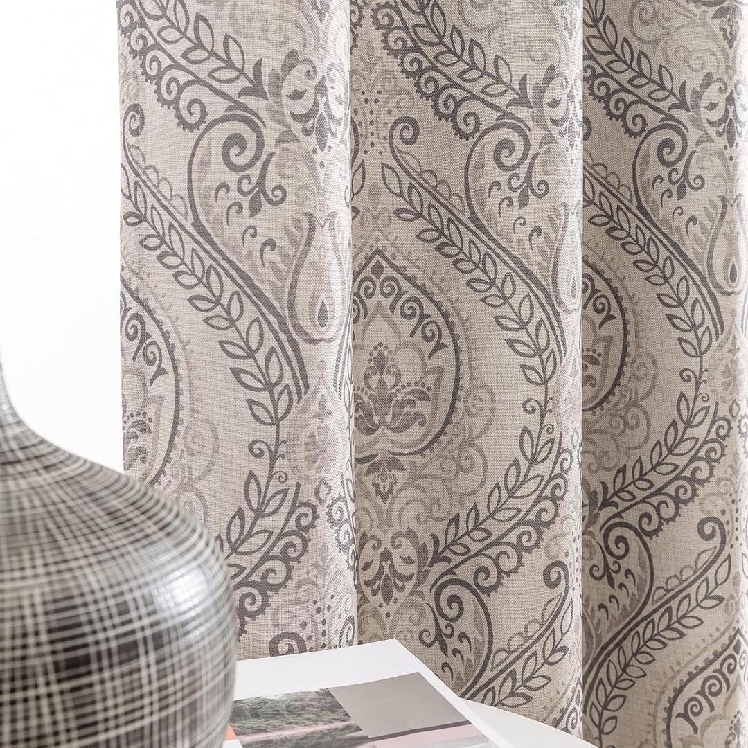 jinchan Linen Textured Curtains for Living Room Darkening 63 Inch Length, Medallion Drapes for Bedroom, Damask Pattern Window Treatments Vintage Curtain Panels, 2 Panels Grey on Greige