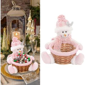 Christmas Candy Cookies Storage Basket Snack Chocolate Woven Holder Basket Xmas Candy Dish Dessert Bowl for Winter Holiday Party Decoration (Pink Snowman)