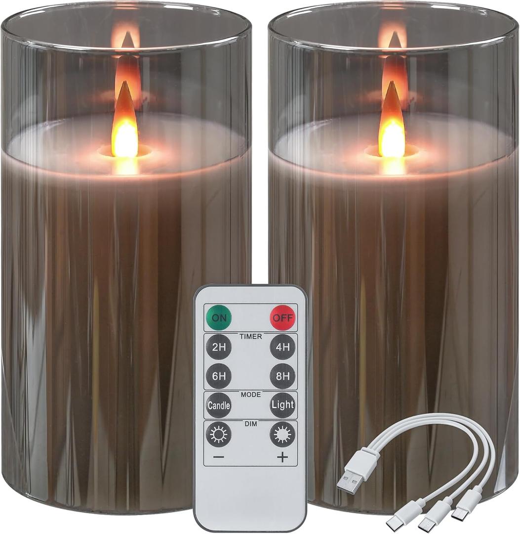 Rechargeable Flameless Candles, Flickering LED Candles, Real Wax Candles with Remote and Timers, Glass Pillar Candles 3D Wick for Wedding Festival Home Decoration, 6" Candle Set of 2, (Gray)