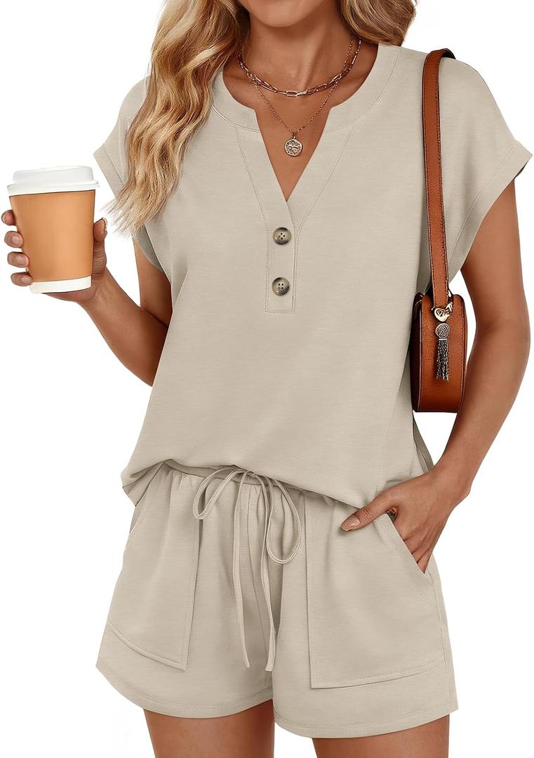 LILLUSORY Womens Henley 2 Piece Short Sets Summer 2026 Lounge Spring Beach Airport Travel Vacation Outfits Matching Sweatsuit (Beige, L)