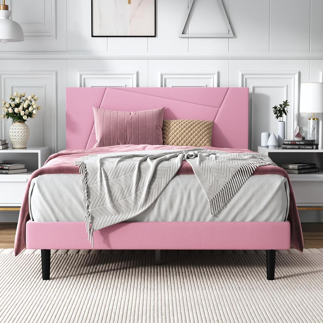 Full Size Bed Frame Platform with Velvet Upholstered Headboard, Geometric, Sturdy Frame and Wooden Slats, Noiseless, No Box Spring Required, Easy to Assemble, Pink