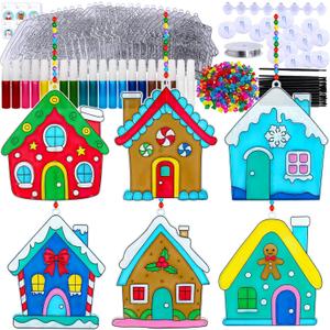 Winlyn 24 Sets Christmas Gingerbread House Suncatchers Ornaments Decorations DIY Window Paint Art Suncatchers Winter Crafts Painting Kits for Kids Classroom Activities Art Project Party Favors