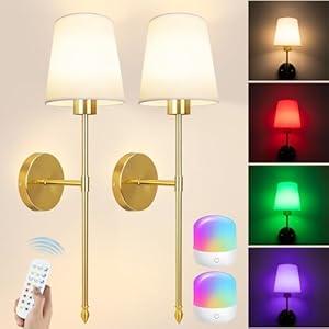 Laiebri Battery Operated Wall Sconce Set of 2, Wireless Wall Sconce with Rechargeable Bulbs and Remote, 15 Colors & Dimmable, Gold Sconces Wall Decor for Bedroom Living Room Hallway