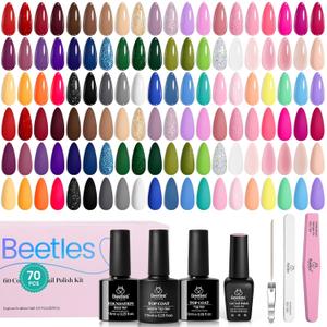 Beetles Gel Nail Polish Set, 70 PCS 60 Colors Red Green Pink Brown Blue Nude Glitter Gel Nail Polish Kit with Base Glossy & Matte Top Coat Gel Polish for Beginners DIY Salon Christmas Gifts for Women
