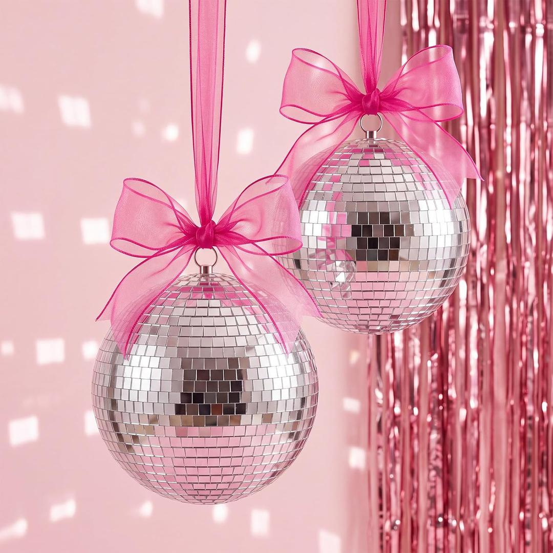 Disco Cowgirl Party Decorations, 2-pack 8-inch Hanging Disco Ball with Hot Pink Organza & Fishing Line, Hot Pink Party Decor for Birthday, Bachelorette, Baby Shower, Bridal Shower