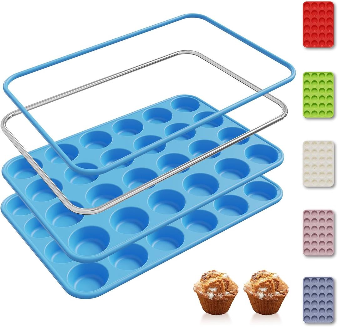 2 Pack 24 Cups Silicone Mini Muffin Pan with Metal Reinforced Frame Silicone Molds Cupcake Pans Tray Egg Bites Circle Cookie Molds Muffin Tin Tart Pans Baking Sheet Set for Breakfast Sandwiches (Morandi Blue)