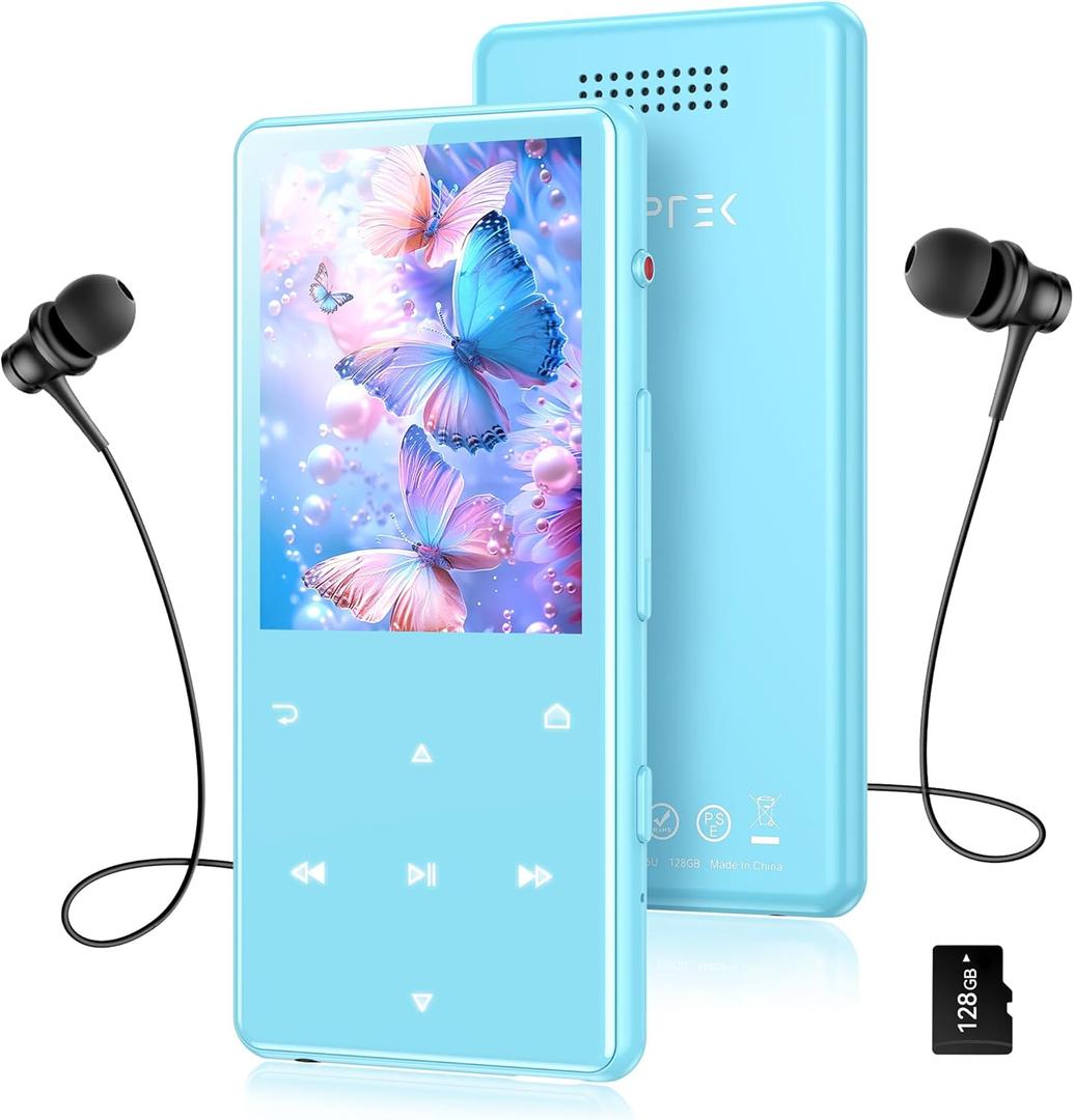 AGPTEK 128GB MP3 Player with Bluetooth 5.4, M6 2.4 inch Music Player with One-Click Recording, Built in Speaker and FM Radio, Touch Buttons(Blue)