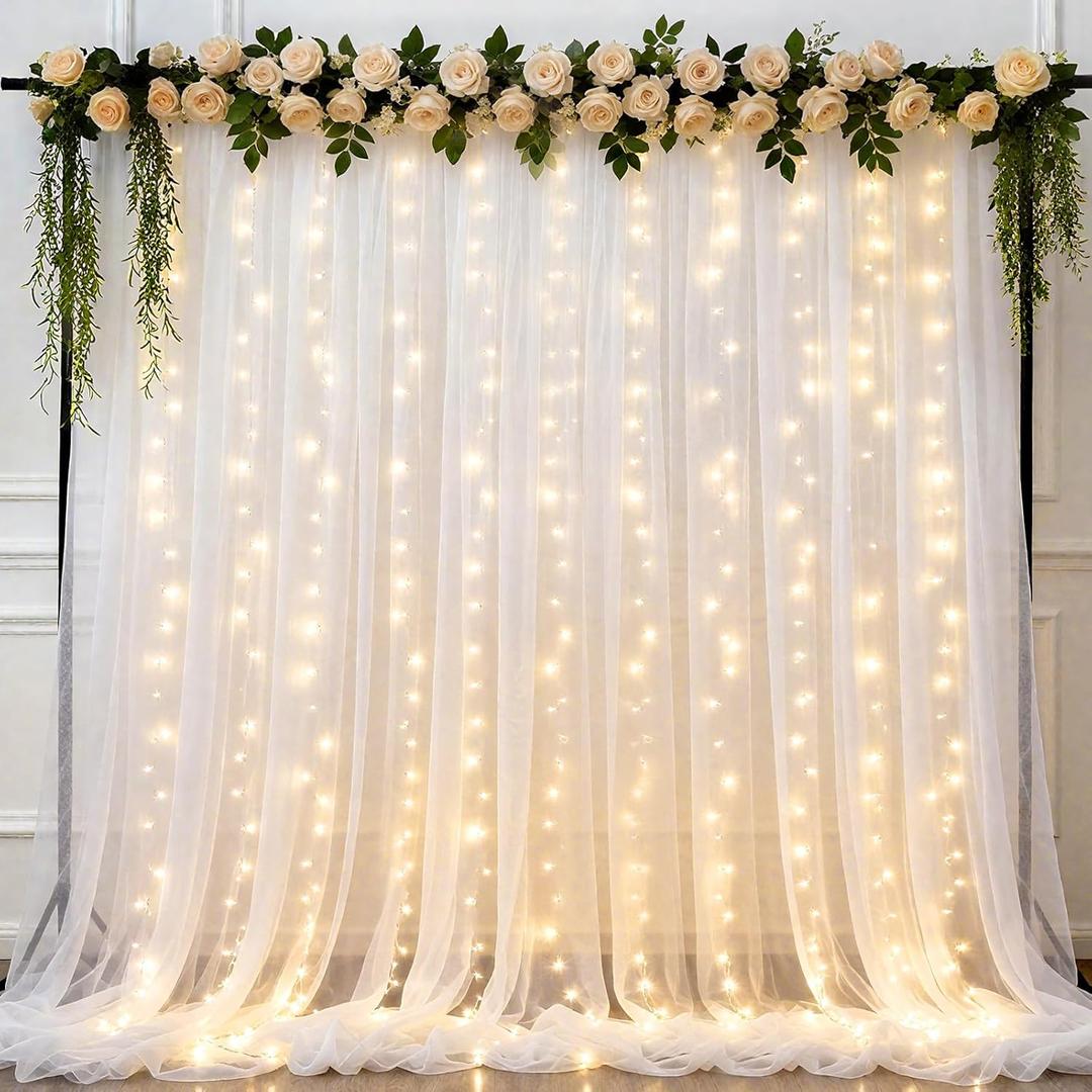 Ledido 108ft White Tulle Backdrop Curtains with Lights String - 300LED Fairy Lights Sheer Curtain Backdrop for Wedding Baby Shower Photo Shoot Birthday Party Decoration(2 Panels 58ft)White