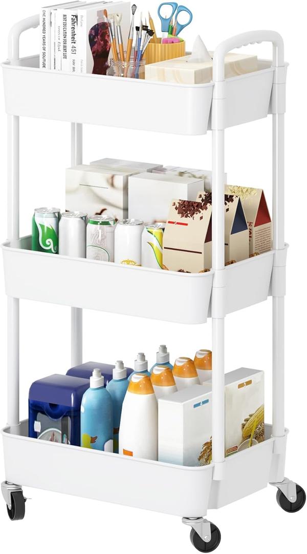 3-Tier Rolling Cart with Wheels,Multifunction Utility Storage Carts, Kitchen Storage Organizer,Mobile Shelving Unit for Bathroom,Laundry,with Classified Stickers