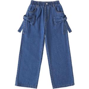 Hilinker Girls Bow Knots Baggy Jeans Cute Elastic Waist Straight Leg Denim Pants with Pockets (Blue, S)