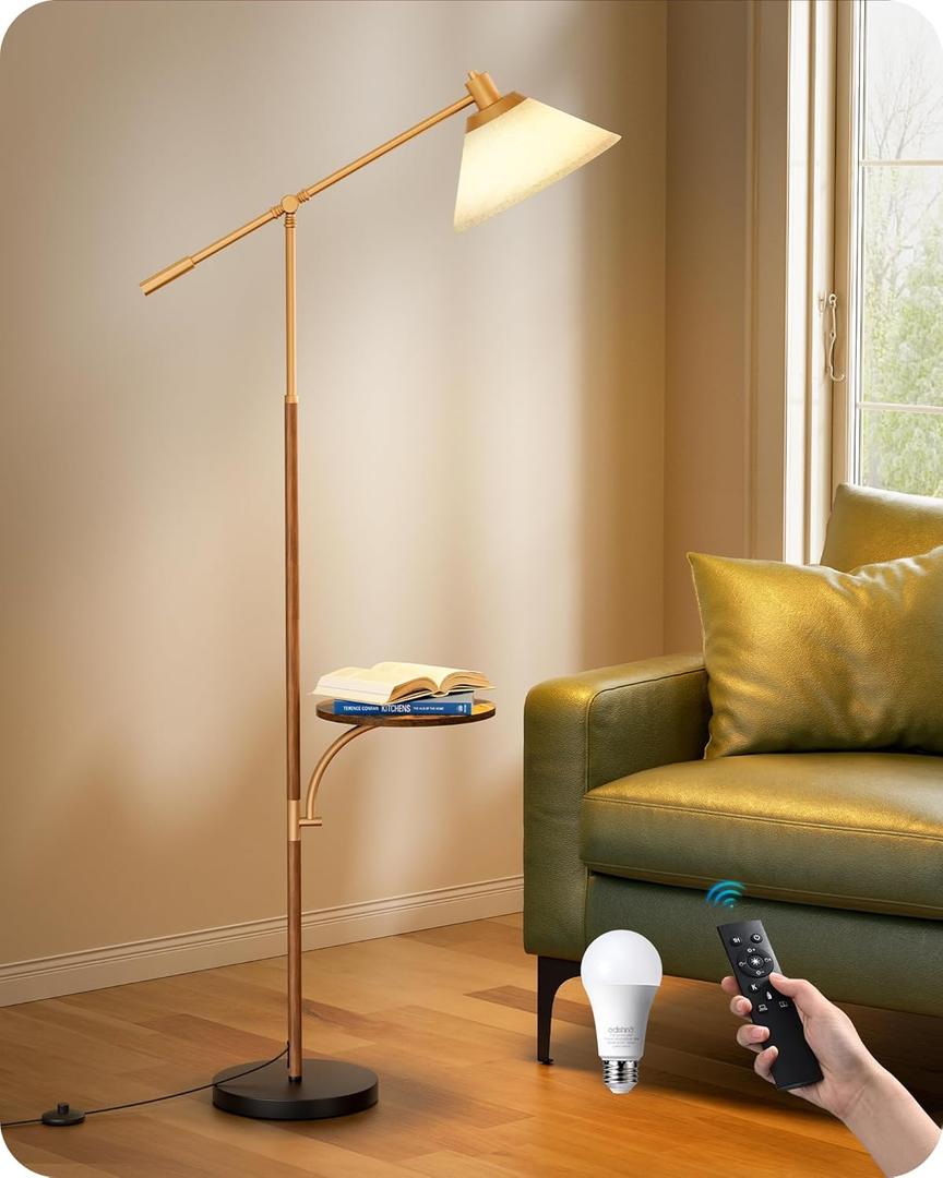 EDISHINE 68" Arc Floor Lamp with Table, Vintage Standing Lamp for Living Room with Tray, Tall Reading Lamp, Beige Shade, Adjustable Arm, Remote Dimmable Bulb Included, for Bedroom Office, Wood Grain
