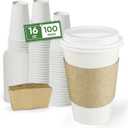 Disposable Coffee Cups with Lids 16 oz and Sleeves, 100 Pack Leak-Proof Paper CupsTo Go Hot Cups with Lids & Kraft Sleeves, BPA-Free for Cafe, Office and Daily Use