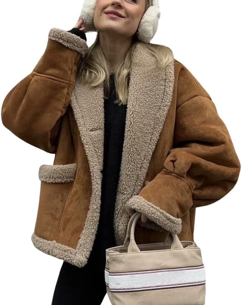 chouyatou Women's Winter Casual Faux Suede Leather Jacket Button Down Fuzzy Sherpa Lined Jacket Coat (Medium, Brown)